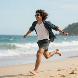 twitch streamer destiny running happily on a beach