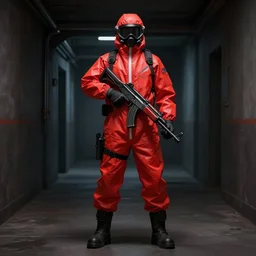 character concept design of a red hazmat holding an SMG in a dark hallway, trending on artstation