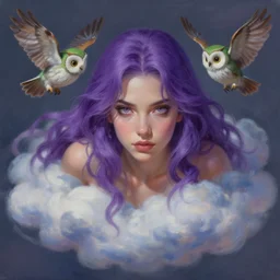 painting by krenz cushart!!, portrait of a beautiful cool girl, purple hair, floating in the clouds, a little green owl is flying around her, finely detailed features, intricate brush strokes, beautiful lighting, trending on pixiv fanbox.