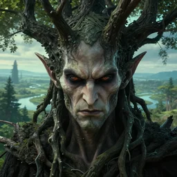 an ultra realistic, cinematic, headshot portrait, of an evil tree wizard, branches, facial features, background of a vast serene landscape, with trees and rivers, detailed, deep focus, movie still, dramatic lighting, ray tracing, by michal karcz and yoshitaka amano