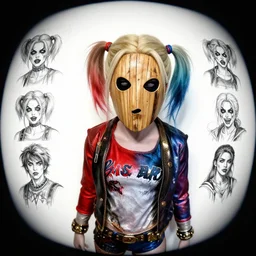scary harley quinn with a flesh and wooden mask, character sheet, concept design, contrast, hot toys, kim jung gi, greg rutkowski, zabrocki, karlkka, jayison devadas, trending on artstation, 8 k, ultra wide angle, pincushion lens effect