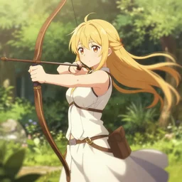 isekai cute anime girl elven archer. in a garden. aesthetic, golden ratio. beautiful lineart, depth focus, rankings pixiv, artstation, soft lighting, srgb, artstation, character concept, cinematic, motion blur, chromatic abberation. by dave greco, trent kaniuga, kienan lafferty