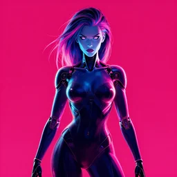 female evil android, neon hair, glowing skin, strong line, saturated color, beautiful! coherent! by frank frazetta, high contrast, minimalism
