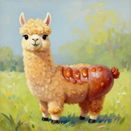 a impressionist painting of a happy alpaca shaped like a delicious sausage. food blog