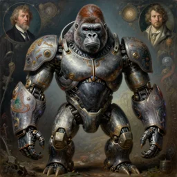 highly detailed painting of a robotic humanoid gorilla mecha, painting by gaston bussiere, craig mullins, j. c. leyendecker, lights, art by ernst haeckel, john william godward, hammershøi, alex grey, dmt, symmetric, masterpiece details, hyper - detailed, hd, hdr, 4 k, 8 k