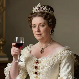Queen Victoria holding a glass of wine, hyperrealistic, digital art, vintage art, Queen Victoria