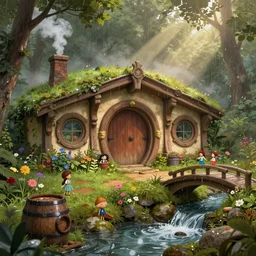 medieval hobbit home, ornate, beautiful, atmosphere, vibe, mist, smoke, chimney, rain, book, barrel, wet, pristine, puddles, dripping, waterfall, creek, bridge, forest, flowers, concept art illustration, color page, 4 k, tone mapping, doll, akihiko yoshida, james jean, andrei riabovitchev, marc simonetti, yoshitaka amano, digital illustration, greg rutowski, volumetric lighting, sunbeams, particles