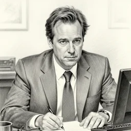 detailed pencil sketch of bob odenkirk in a suit at a desk, closeup