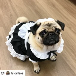 instagram photo of a cute pug in a french maid uniform, the pug is wearing the dress, canon eos r 3, f / 1. 4, iso 2 0 0, 1 / 1 6 0 s, 8 k, wide angle