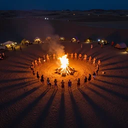 stunning night aerial photograph of ravers in the desert, bonfire, accurate bodies, campsites, diverse costumes, 8 k, ultra clear detailed