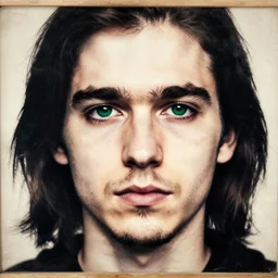 young man, long hair!!!!, short facial hair, no mustache, dark green eyes, dark eyebrows, light widows peak light facial hair, in the style of banksy, in - frame