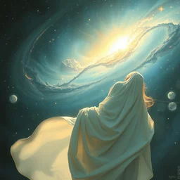 in flowing white robes she watched as the universe was born, nebula, bright arc of light, stars, beautiful concept art by jakub rebelka, artgerm and ruan jia