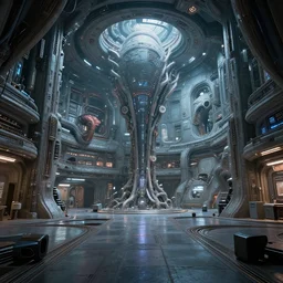 interior of an alien mothership, foreign architecture, never seen before, mixture of technology and biology can be seen in the walls