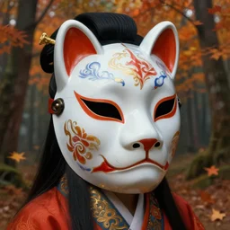 highly detailed digital painting featuring a character with ornately decorated porcelain geisha animal mask in an autumn forest, vibrant light, beautiful lighting. highly detailed science fiction painting by norman rockwell, frank frazetta, and syd mead. rich colors, high contrast, gloomy atmosphere. trending on artstation and behance.