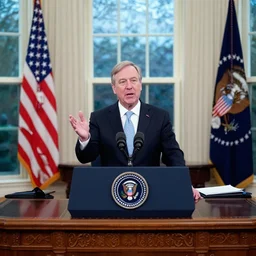 President Gabe Newell gives an emergency presidential address from the oval office, sitting behind the resolute desk, live broadcast footage on C-SPAN