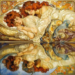 alovers sleeping, reflexions, verry high details, colorfull, by william turner art, by greg rutkowski, by alphonse mucha, by james jean, by rossdraws, by frank franzzeta, by sakimichan, trending on artstation, very very detailed, masterpiece,