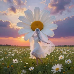 giant white daisy flower veil, girl dancing in a flower field, surreal photography, sunrise, dramatic light, impressionist painting, colorful clouds, digital painting, artstation, simon stalenhag