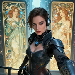 woman wearing cyberpunk clothing in a sci - fi city, high detail, in the style of greg rutkowski and alphonse mucha and lisa frank, selfie