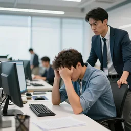 stock photography of a stressed ux designer being bullied by the bosses in a cold office