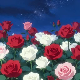 lot of big roses of red and white colors, beautiful starry sky, by makoto shinkai, 8 k - - ar 1 6 : 8