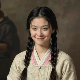 a sadly smiling black haired, young peasant woman from the 19th century who looks very like yooung (((Lee Young Ae))) with a two french braids, pastel colours, detailed, painting by Rembrandt, Csók István and da Vinci