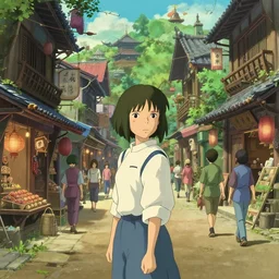 woman standing in a busy ancient high fantasy city street, detailed shops, people walking around. fantasy!! in the style of spirited away, vibrant colours, hyperrealism, soft lighting, art by satoshi kon, lush detail, award winning, trending on artstation, by otto dix and greg rutkowski, 4 k