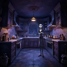 curved perspective digital art of a very dark kitchen from Tim Burtons Nightmare Before Christmas by Petros Afshar