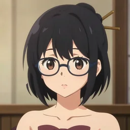 cute anime girl with short black hair and glasses, hair bun with chopsticks in it. stylized, beautiful lineart, depth focus, rankings pixiv, artstation, soft lighting, srgb, 4 k artstation, cinematic, by kadokawa, nitroplus, ilya kuvshinov, ross tran, leyendecker, wlop guweiz