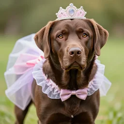 a portait photo of a brown labrador female dog wearing princess clothes, hyperrealistic, high quality, high detail