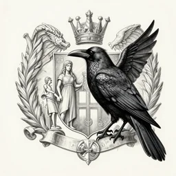 a crow with dragonscales, attack profile angle, centered on family crest, coat of arms, pencil and ink, very detailed, artstation, mysterious, mythical, greek mythology, norse mythology, full frame, dramatic shading, jonathan pointer, janie penny,