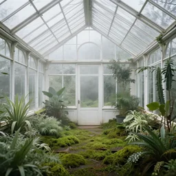 a victorian greenhouse white, plants, moss, fog, gloomy atmosphere inside, highly detailed, cinematic lighting, perfect composition, 4 k, gustave dore, derek zabrocki, greg rutkowski, belsinski, octane render