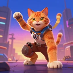ginger cat as overwatch character, digital illustration portrait design, by android jones and greg rutkowski, retrowave color scheme, detailed, cinematic lighting, wide angle action dynamic portrait