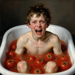 a boy sitting in a bathtub full of tomato sauce, looking straight into camera, screaming in pain, by giuseppe arcimboldo and ambrosius benson, renaissance, fruit, intricate and intense oil paint, a touch of beksinski and hr giger, realistic