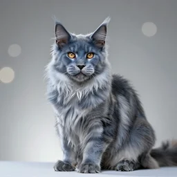 An extremely beautiful studio photo of a blue Maine Coon cat (it\'s a cat whose fur is blue), bokeh, 90mm, f/1.4