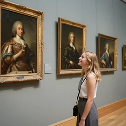 a teen museum curator with light gold hair, cheerful, modern fashion dress, is ( ( looking at portraits on a wall ) ). light dust, magnificent, hyperdetailed, theatrical, painted by jean honore fragonard