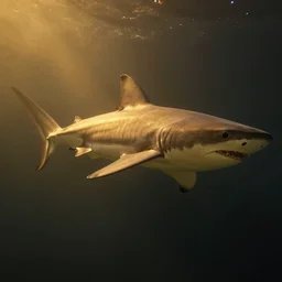 mysterious fantasy shark at night, 4 k, photorealistic, golden light, volumetric, foggy, art byu simon stalenhag