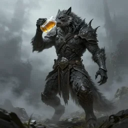 big scary werewolf drinks beer, beer, glass, beer mug in hand, intricate, triumphantly, foggy background, full body art, dark souls, drawing, concept art, artstation, digital painting