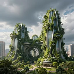 biophilic architecture, simplified utopian structures, urban green, futurist, looking up