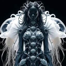 baroque albino black supermodel, by iris van herpen, inflateble shapes, rent gucci dress, wires, tubes, veins, jellyfish, white biomechanical details, epic bionic cyborg implants, masterpiece, intricate, biopunk, vogue, highly detailed, artstation, concept art, cyberpunk, octane render, cell shading