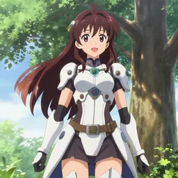 photorealistic A beautiful smiling anime girl in sci-fi armor standing under a tree, anime key visual, digital art, anime screenshot, kyoto animation, makoto shinkai, pixiv, trending on artstation