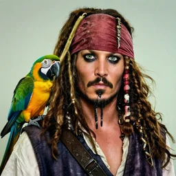 jack sparrow with a parrot on the shoulder, portrait, professional photograph, 8k resolution, hyper detailed, realistic eyes