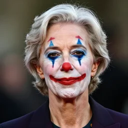 Christine Lagarde with colorful clown makeup all over his face
