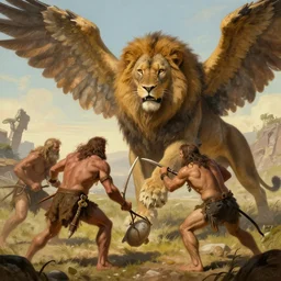 cavemen fighting a giant lion with wings, matte painting in the style of greg rutkowski and james gurney, trending on Artstation, digital art