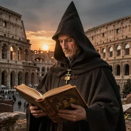 half portait of magican wearing a closed cowl with big old book!, jeremy mann, jean leon gerome, tiepolo, alphonse mucha, greg rutkowski, face in the shadows, ( ( ruins of ancient rome ) ), at dusk, mysterious atmosphere, sunrays, dof, masterpiece, high detailed, 8 k