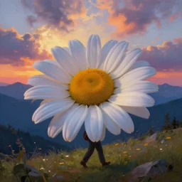 giant daisy flower head, walking in the mountains, surreal photography, sunrise, dramatic light, impressionist painting, colorful clouds, digital painting, artstation, simon stalenhag