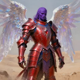 realism style painting of full plate armor of crimson metal with azure blue lining and ruby studded worn by harsh amethyst colour skinned angel with glowing glass wings, magic, enchanted, intricate, crystal, background desert, dusty, soft light, 8 k, artstation trending, masterwork