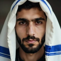 a ultra high resolution close - up of a beautiful young jewish man with a dark trimmed beard wearing a white and blue tallit over his head, looking down at the camera. his face is partially obscured by the tallis, and he has a proud expression. highly detailed and clean face!!! the light is dim, and the colours are muted. kodak etkar 1 0 0