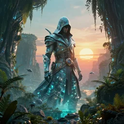 abandoned by ludwig mies van der rohe, sea gem futuristic assassin's creed crystal junglepunk postcyberpunk atlantis sunset universe at night retrowave nature morning sun apocalyptic elysian reclaimed by nature cosmic alien vaporwave, archdaily, wallpaper, highly detailed, trending on artstation.