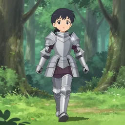 anime visual, full body portrait of a young female knight in armor walking in a forest exterior environment, cute face by ilya kuvshinov, yoh yoshinari, kyoani, dynamic pose, dynamic perspective, rounded eyes, clean anime outlines, anime cels mucha, flat