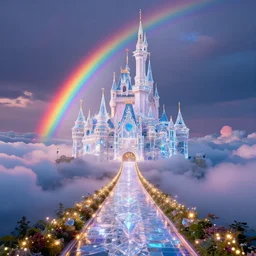 arcing pathway of rainbow light leading to a dramatic diamond glass castle in the clouds, volumetric lighting, dusk, faerie lights, electric vibrance, epic composition landscape, photorealism, 4 k inspired by thomas kinkade and ul de rico